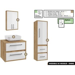 OTITEC Ensemble complet - de salle de bain - Meuble - Armoire - Colonne - Vasque avec Siphon OFFERT  EMBRE  Blanc  60 x 50 x 45 cm - Publicité