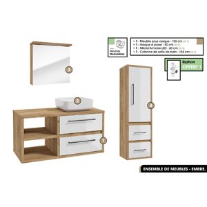 OTITEC Ensemble complet - de salle de bain - Meuble - Miroir/Armoire - Colonne - Vasque avec Siphon OFFERT  EMBRE  Blanc  100 x 50 x 45 cm - Publicité