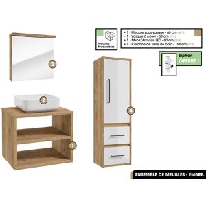 OTITEC Ensemble complet - de salle de bain - Meuble - Miroir/Armoire - Colonne - Vasque avec Siphon OFFERT  EMBRE  OAK  60 x 50 x 45 cm - Publicité