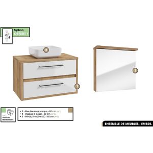 OTITEC Ensemble complet - de salle de bain - Meuble - Miroir/Armoire LED - Vasque avec Siphon OFFERT  EMBRE  Blanc  80 x 50 x 45 cm - Publicité