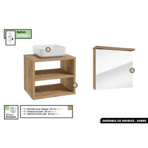 OTITEC Ensemble complet - de salle de bain - Meuble - Miroir/Armoire LED - Vasque avec Siphon OFFERT  EMBRE  OAK  60 x 50 x 45 cm - Publicité