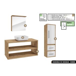 OTITEC Ensemble complet - de salle de bain - Meuble - Miroir/Armoire - Colonne - Vasque avec Siphon OFFERT  EMBRE  OAK  100 x 50 x 45 cm - Publicité