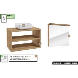 OTITEC Ensemble complet - de salle de bain - Meuble - Miroir/Armoire LED - Vasque avec Siphon OFFERT  EMBRE  OAK  80 x 50 x 45 cm - Publicité