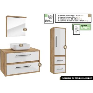 OTITEC Ensemble complet - de salle de bain - Meuble - Miroir/Armoire - Colonne - Vasque avec Siphon OFFERT  EMBRE  Blanc  80 x 50 x 45 cm - Publicité