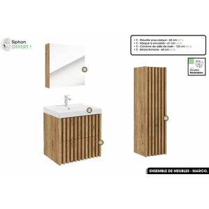 OTITEC Ensemble complet de salle de bain - Meuble - Colonne - Miroir - Vasque à encastrer avec Siphon OFFERT  MARCO  Oak  60 x 56 x 45 cm - Publicité