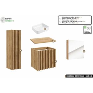 OTITEC Ensemble complet de salle de bain - Meuble - Colonne - Miroir - Vasque à poser avec Siphon OFFERT  MARCO  Oak  60 x 56 x 45 cm - Publicité