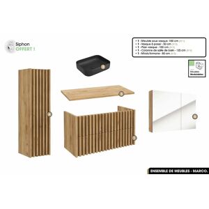 OTITEC Ensemble complet de salle de bain - Meuble - Colonne - Miroir - Vasque à poser avec Siphon OFFERT  MARCO  Oak  100 x 56 x 45 cm - Publicité