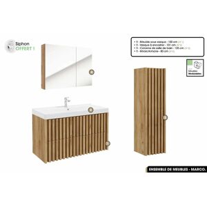 OTITEC Ensemble complet de salle de bain - Meuble - Colonne - Miroir - Vasque à encastrer avec Siphon OFFERT  MARCO  Oak  100 x 56 x 45 cm - Publicité