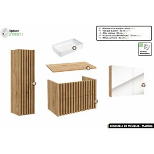 OTITEC Ensemble complet de salle de bain - Meuble - Colonne - Miroir - Vasque à poser avec Siphon OFFERT  MARCO  Oak  80 x 56 x 45 cm - Publicité