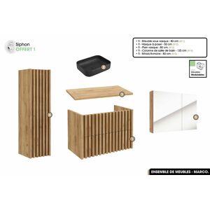 OTITEC Ensemble complet de salle de bain - Meuble - Colonne - Miroir - Vasque à poser avec Siphon OFFERT  MARCO  Oak  80 x 56 x 45 cm - Publicité