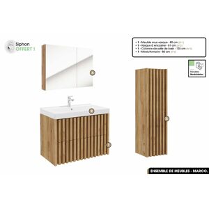 OTITEC Ensemble complet de salle de bain - Meuble - Colonne - Miroir - Vasque à encastrer avec Siphon OFFERT  MARCO  Oak  80 x 56 x 45 cm - Publicité