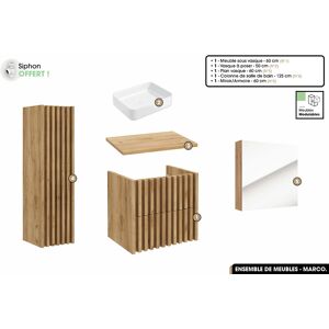 OTITEC Ensemble complet de salle de bain - Meuble - Colonne - Miroir - Vasque à poser avec Siphon OFFERT  MARCO  Oak  60 x 56 x 45 cm - Publicité