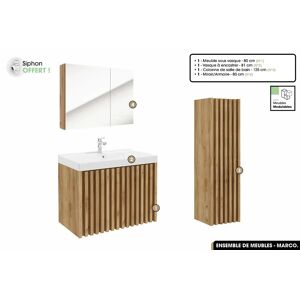 OTITEC Ensemble complet de salle de bain - Meuble - Colonne - Miroir - Vasque à encastrer avec Siphon OFFERT  MARCO  Oak  80 x 56 x 45 cm - Publicité