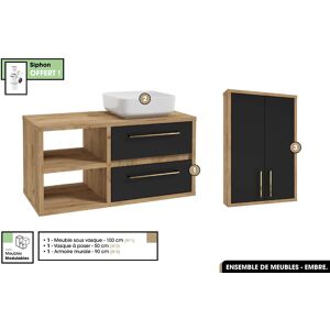 OTITEC Ensemble complet - de salle de bain - Meuble - Armoire - Vasque avec Siphon OFFERT  EMBRE  Noir  100 x 50 x 45 cm - Publicité