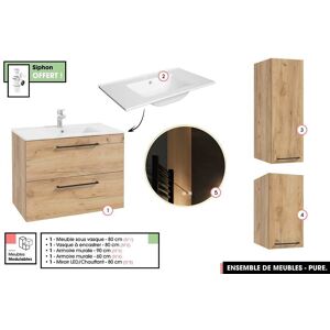 OTITEC Emsemble complet de salle de bain - Meuble - Armoires - Miroir - Vasque à encastrer avec Siphon OFFERT  PURE  Oak  80 x 60 x 45 cm - Publicité