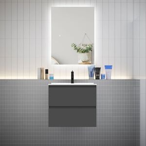 AICA SANITAIRE Meuble de salle de bain à deux tiroirs avec lavabo et miroir LED antibuée - anthracite L.60cm suspendu - Publicité