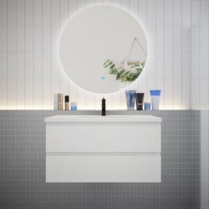 AICA SANITAIRE Meuble de salle de bain à 2 tiroirs avec lavabo et miroir rond multifonctionnel LED - blanc L.100cm suspendu - Publicité