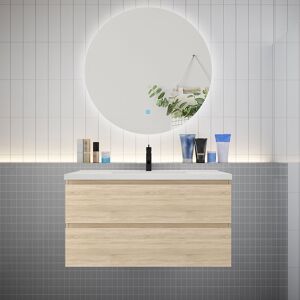 AICA SANITAIRE Meuble de salle de bain à 2 tiroirs avec lavabo et miroir rond multifonctionnel LED - chêne L.100cm suspendu - Publicité