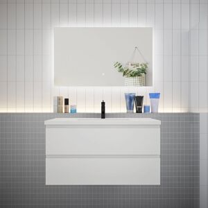 AICA SANITAIRE Meuble de salle de bain à deux tiroirs avec lavabo et miroir LED antibuée - blanc L.100cm suspendu - Publicité