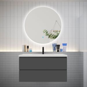 AICA SANITAIRE Meuble de salle de bain à 2 tiroirs avec lavabo et miroir rond multifonctionnel LED - anthracite L.100cm suspendu - Publicité