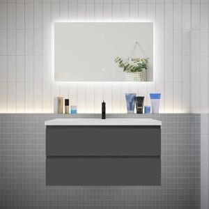 AICA SANITAIRE Meuble de salle de bain à deux tiroirs avec lavabo et miroir LED antibuée - anthracite L.100cm suspendu - Publicité