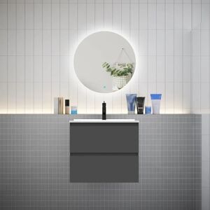 AICA SANITAIRE Meuble de salle de bain à 2 tiroirs avec lavabo et miroir rond multifonctionnel LED - anthracite L.60cm suspendu - Publicité