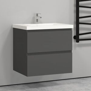 Aica Sanitaire - 60cm(L)x38.5cm(P)x52cm(H)Meuble salle de bain anthracite deux tiroirs avec une vasque à suspendre. Publicité