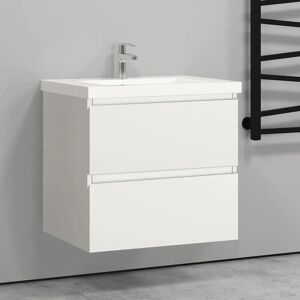 Aica Sanitaire - 60cm(L)x38.5cm(P)x52cm(H) Meuble salle de bain blanc deux tiroirs avec une vasque à suspendre. Publicité