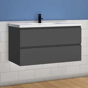99(L)x44.5(P)x52(H)cm Meuble salle de bain anthracite avec 2 tiroirs à une fermeture amortie avec une vasque à suspendre - Acezanble - Publicité