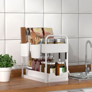 Etagere de cuisine usages multiples à 2 niveaux/Panier de collection de salle de bain coulissant avec crochets - Blanc - Aqrau - Publicité