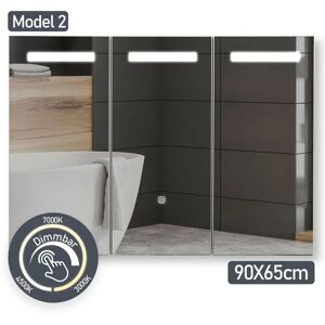 AQUAMARIN Armoire de Toilette avec Miroir et Éclairage - 90x65x13cm, LED Blanc Froid/Chaud/Neutre, 8 Étagères, 3 Portes, Tactile, Fonction Dimmer, Prise de - Publicité