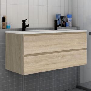 Biubiubath - Meuble de salle de bain avec double vasque chêne, 120 cm meuble chêne avec lavabo meuble à 4 tiroirs - Publicité