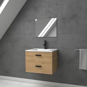 AURLANE Meuble salle de bain 60 cm suspendu 2 tiroirs finition Bois avec vasque et miroir - box-in 60 wood - Publicité