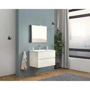 CAESAROO Meuble de salle de bain suspendu 80 cm Lisbona Chêne blanc avec Lavabo et miroir Avec miroir et lampe led - Roble Blanc - Publicité