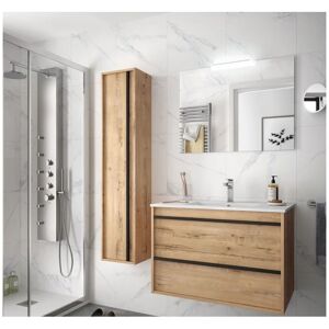 CAESAROO Meuble de salle de bain suspendu 80 cm Nevada en bois couleur chêne ostippo avec lavabo en porcelaine 80 cm - Avec colonne, miroir et lampe led - Publicité