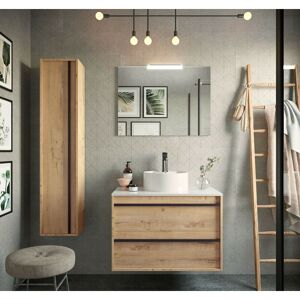 CAESAROO Meuble de salle de bain suspendu 80 cm Nevada en bois couleur chêne ostippo avec lavabo à poser 80 cm - Avec colonne, miroir et lampe led - Publicité