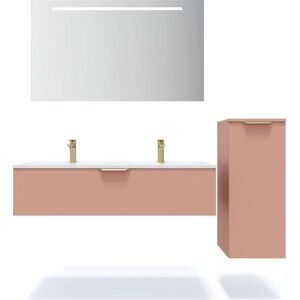 HOMIFAB Meuble de salle de bain suspendu double vasque intégrée 120cm 1 tiroir Abricot + miroir + colonne ouverture droite - Venice - Abricot - Publicité