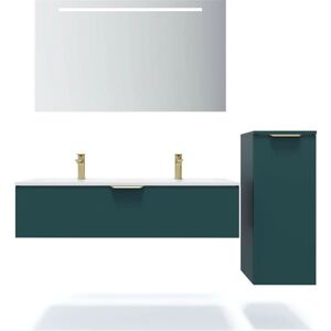 Homifab - Meuble de salle de bain suspendu double vasque intégrée 120cm 1 tiroir Bleu + miroir + colonne ouverture droite - Venice - Bleu - Publicité