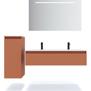 HOMIFAB Meuble de salle de bain suspendu double vasque intégrée 120cm 1 tiroir Terracotta + miroir + colonne ouverture gauche - Hudson - Pink - Publicité