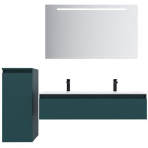 Homifab - Meuble de salle de bain suspendu double vasque intégrée 120cm 1 tiroir Bleu + miroir + colonne ouverture gauche - Hudson - Blue - Publicité