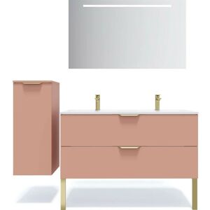 HOMIFAB Meuble de salle de bain suspendu double vasque intégrée 120cm 2 tiroirs Abricot + miroir + colonne ouverture gauche - Venice - Abricot - Publicité