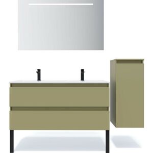 Homifab - Meuble de salle de bain suspendu double vasque intégrée 120cm 2 tiroirs Vert olive + miroir + colonne ouverture droite - Hudson - Green - Publicité