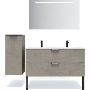 Homifab - Meuble de salle de bain suspendu double vasque intégrée 120cm 2 tiroirs façon Béton + miroir + colonne ouverture gauche - Venice - Béton - Publicité