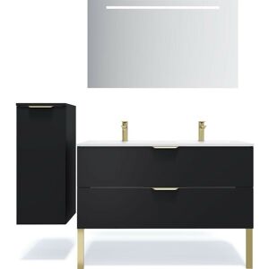 Homifab - Meuble de salle de bain suspendu double vasque intégrée 120cm 2 tiroirs Noir + miroir + colonne ouverture gauche - Venice - Noir - Publicité