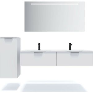 Homifab - Meuble de salle de bain suspendu double vasque intégrée 140cm 2 tiroirs Blanc + miroir + colonne ouverture gauche - Soho - White - Publicité