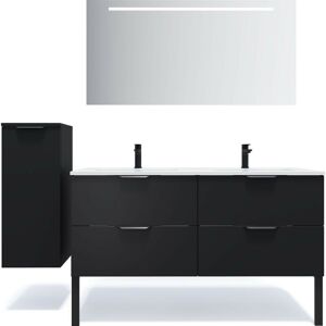 Homifab - Meuble de salle de bain suspendu double vasque intégrée 140cm 4 tiroirs Noir + miroir + colonne ouverture gauche - Soho - Black - Publicité