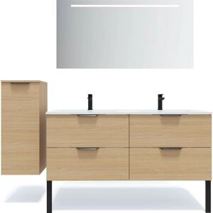 Homifab - Meuble de salle de bain suspendu double vasque intégrée 140cm 4 tiroirs Chêne clair + miroir + colonne ouverture gauche - Soho - Brown - Publicité