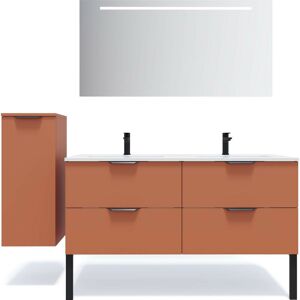 Homifab - Meuble de salle de bain suspendu double vasque intégrée 140cm 4 tiroirs Terracotta + miroir + colonne ouverture gauche - Soho - Pink - Publicité