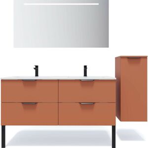 HOMIFAB Meuble de salle de bain suspendu double vasque intégrée 140cm 4 tiroirs Terracotta + miroir + colonne ouverture droite - Soho - Terracotta - Publicité