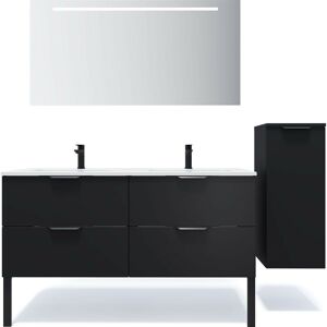 Homifab - Meuble de salle de bain suspendu double vasque intégrée 140cm 4 tiroirs Noir + miroir + colonne ouverture droite - Soho - Black - Publicité